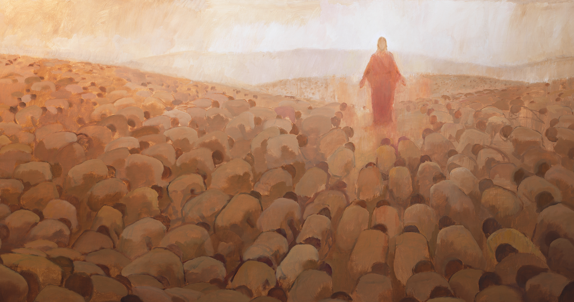 Image of Christ in Red surrounded by multitudes of kneeling people.