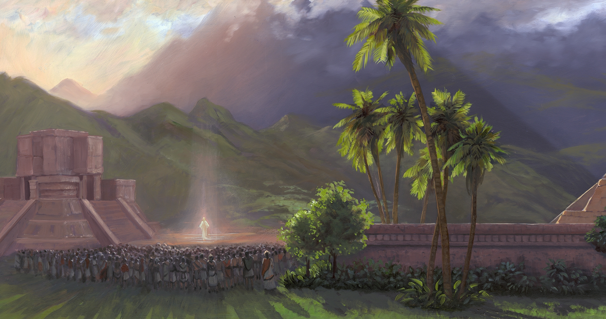 Illustration of Christ visiting the Nephites in America, with stone temple, mountains, and palm trees, titled "I Am the Light of the World," by James Fullmer.