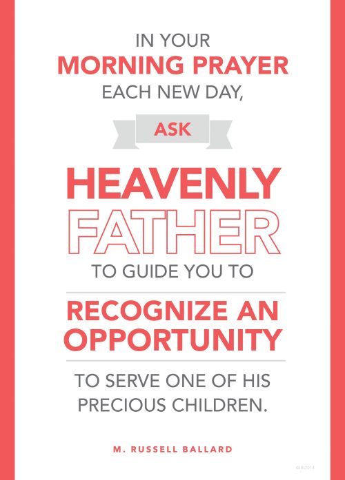A white background with a pink border and pink text quoting Elder M. Russell Ballard: “In your morning prayer … ask Heavenly Father to guide you.”