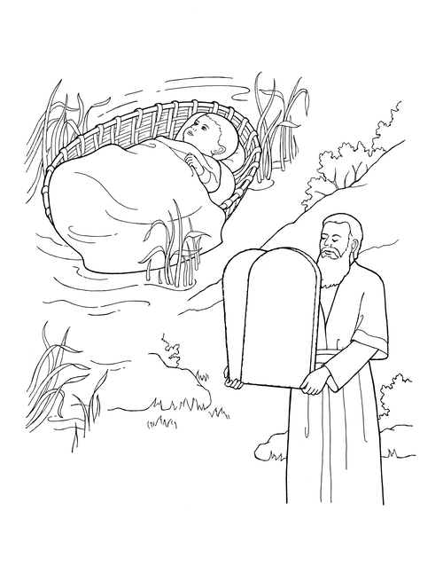 A black-and-white illustration of baby Moses in the background and adult Moses holding the tablets of the Ten Commandments in the forefront.