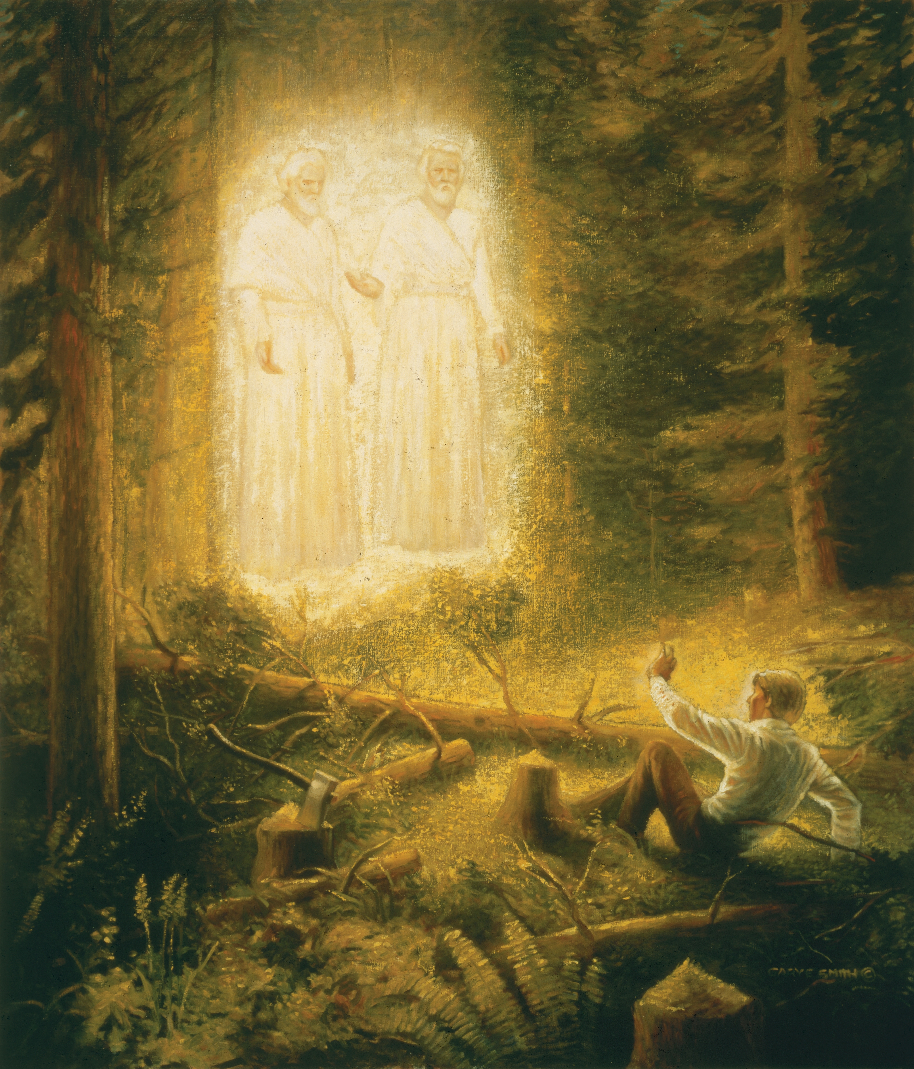Joseph Smith sitting on the ground in a grove of trees while listening to Jesus Christ and God the Father, who are standing above the ground.