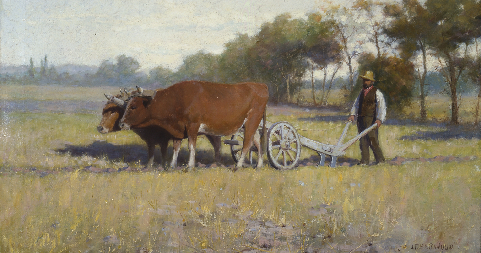 Painting depicts two oxen pulling a plow following a farmer working his field.