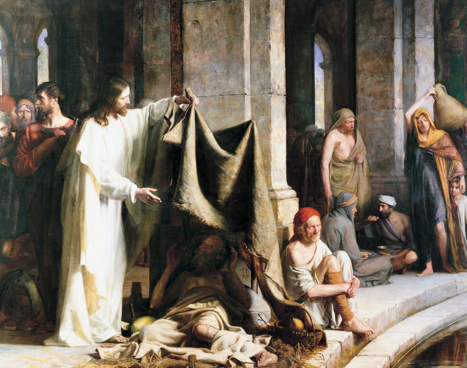 Jesus Christ raising a makeshift shelter to talk to a disabled man who is waiting in a crowd near the waters of the pool of Bethesda.