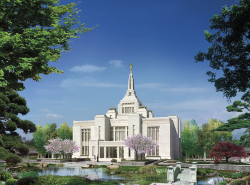 An artist’s computer-generated rendering of the Sapporo Japan Temple on a sunny day.