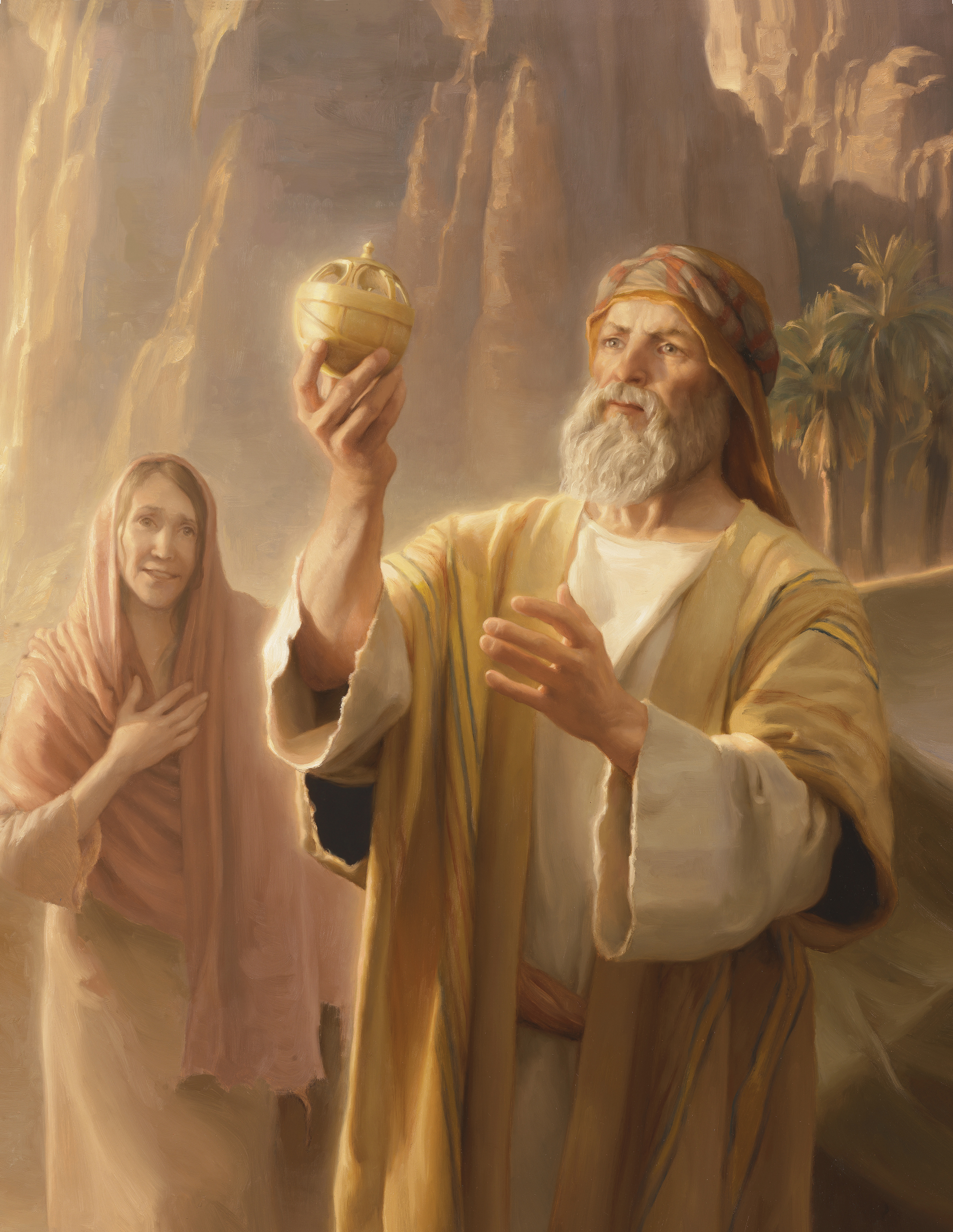 A painting of Lehi holding the Liahona with his wife Sariah looking on.