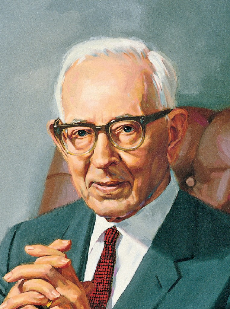 Detail of a painted portrait by Shauna Clinger of Joseph Fielding Smith in a blue suit and red tie, sitting in a leather chair.