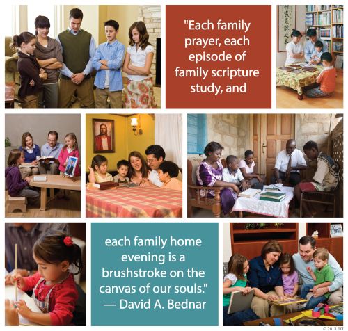 A collage of images of families doing activities together, coupled with a quote by Elder David A. Bednar: “Each family home evening is a brushstroke.”