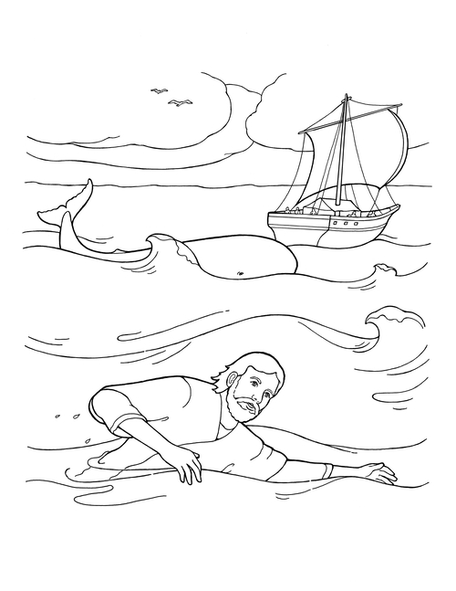 A black-and-white illustration of Jonah swimming in waves, with a whale and a ship with large sails in the background.