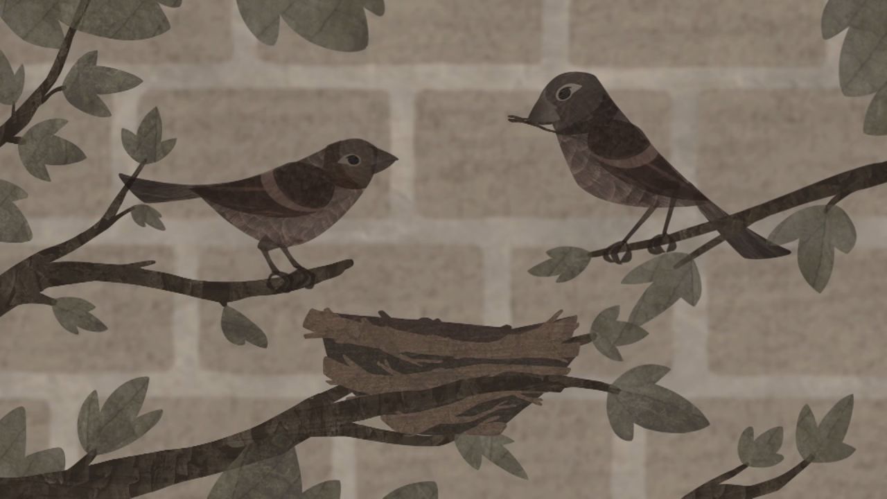 Ilustración de dos pájaros y un nido en ramas de árboles