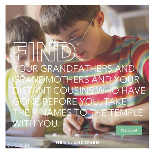 An image of two boys looking through an album of pictures together, with a text overlay quoting Elder Neil L. Andersen: “Take their names to the temple.”