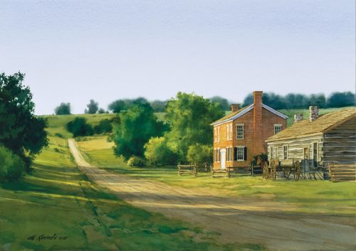 Landscape painting depicting the site for the LDS temple to be built in Independence, Missouri, and the courthouse in which Joseph Smith, Jr. purchased the temple property. The temple site is depicted in the background of the painting. Also depicted is a log cabin (possibly owned by Newel K. Whitney) next to the courthouse.