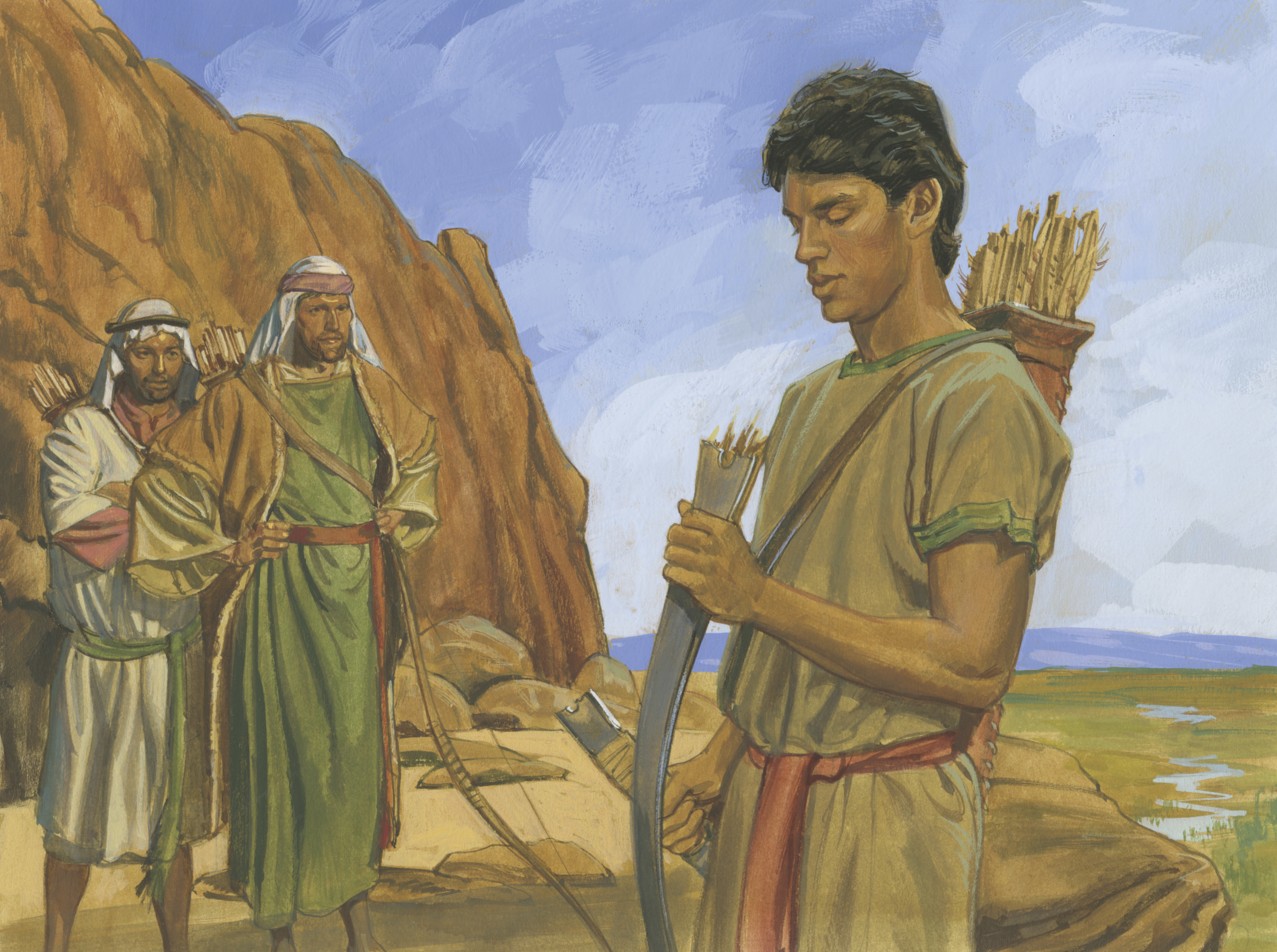 A painting by Jerry Thompson depicting Nephi and his broken bow; Primary manual 4-16
