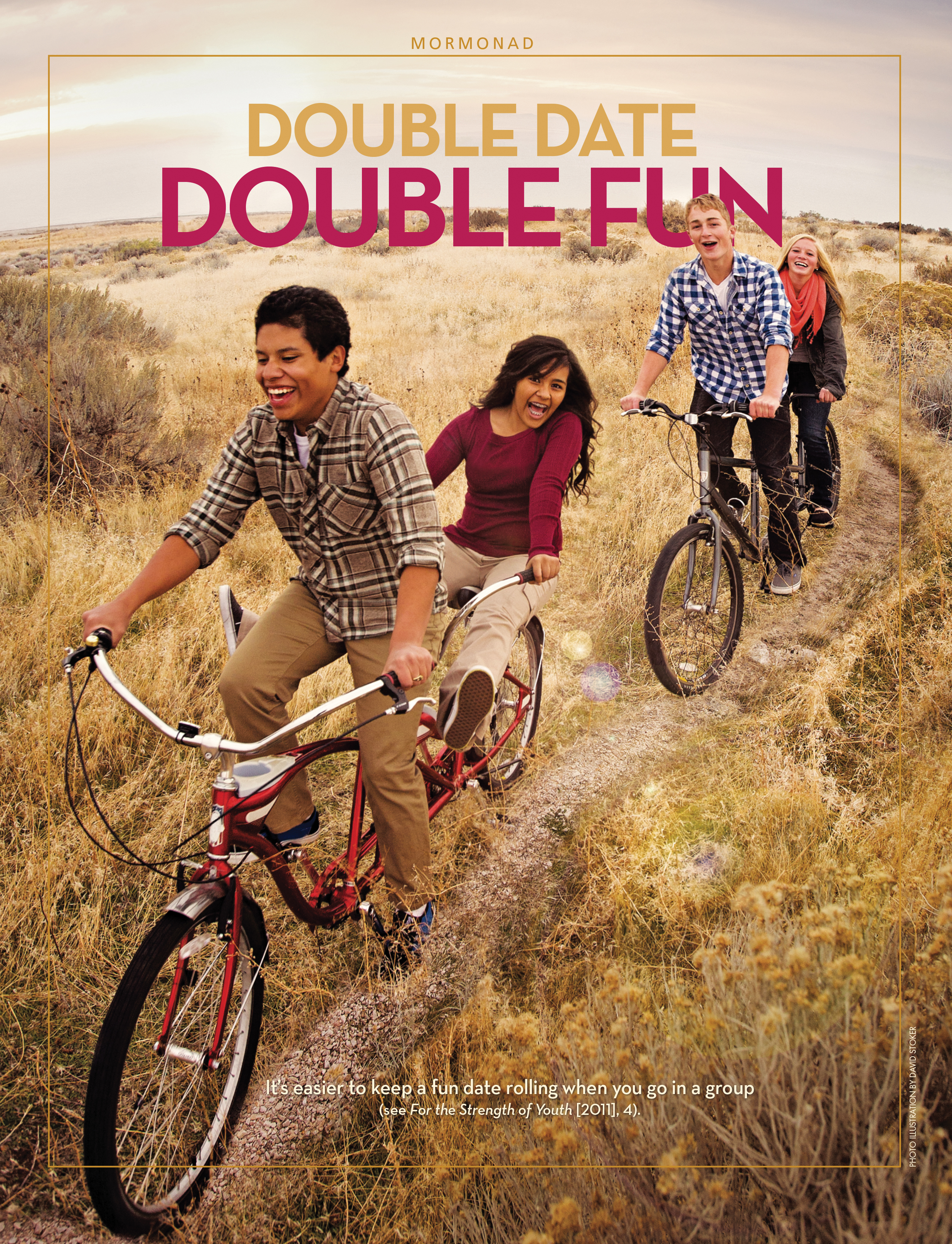 A poster showing two couples on tandem bikes, paired with the words “Double Date, Double Fun.”