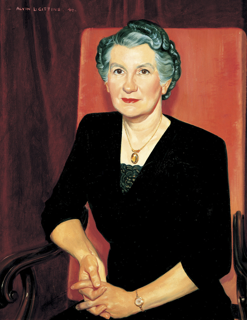 A painted portrait by Alvin Gittins of Belle Smith Spafford against a red background, sitting in a red chair, wearing a black dress and gold necklace.