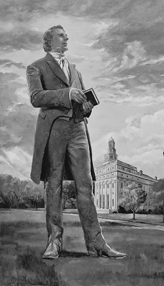 Joseph Smith in front of Nauvoo Temple