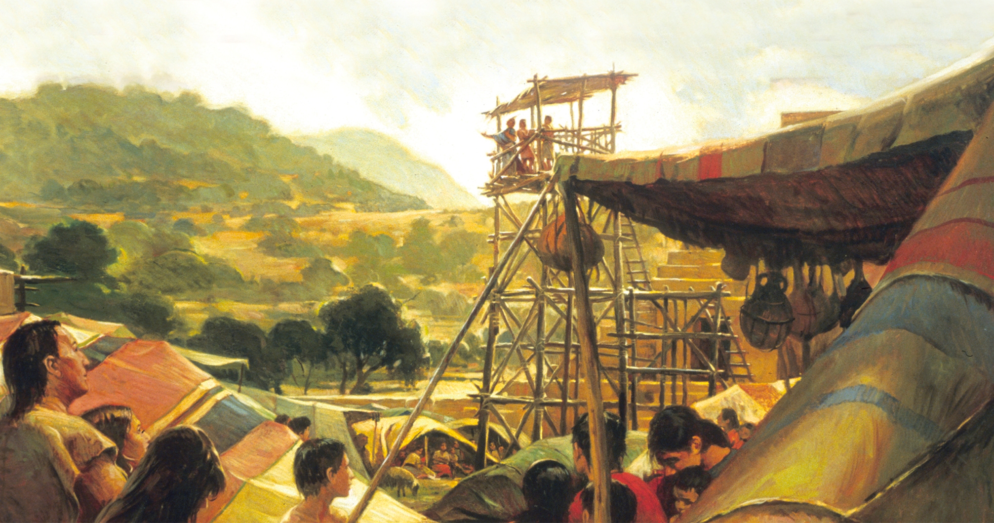 Large out door scene with a market square/campsite in the foreground and green hills in the background.  In the right foreground there is the side of alarge stuped  tent;  the tent has an awning supported by ropes and poles.  Hanging from the awning is a series of poles.  Underneath the awning is a mother with several children all in highly colored tunics and skirts.  In the left foreground is another family.  This family has a father with a daughter in hi lap, two women beside him (one with a child in her lap) and a young boy with no shirt.  Behind the man is another figure with a bowed head.  Threre are several other figures and tents in the picture, but they are across the ones in the foreground.  A large tower is the focus of the painting.  The tower appears like scaffolding with a shaded top.  On top of the tower are three men.  One wears a blue robe and speaks with outstretched arms.  The other two seem to be recording his words.  Behind the tower is a stone building with step shapped sides.  "Walter Ranes '03" appears in the lower right corner in red.   The Reverse side reads, "Walter Rane 2003/ In the Service of Your God Mosiah 2:17/ King Benjamin Addresses his People".