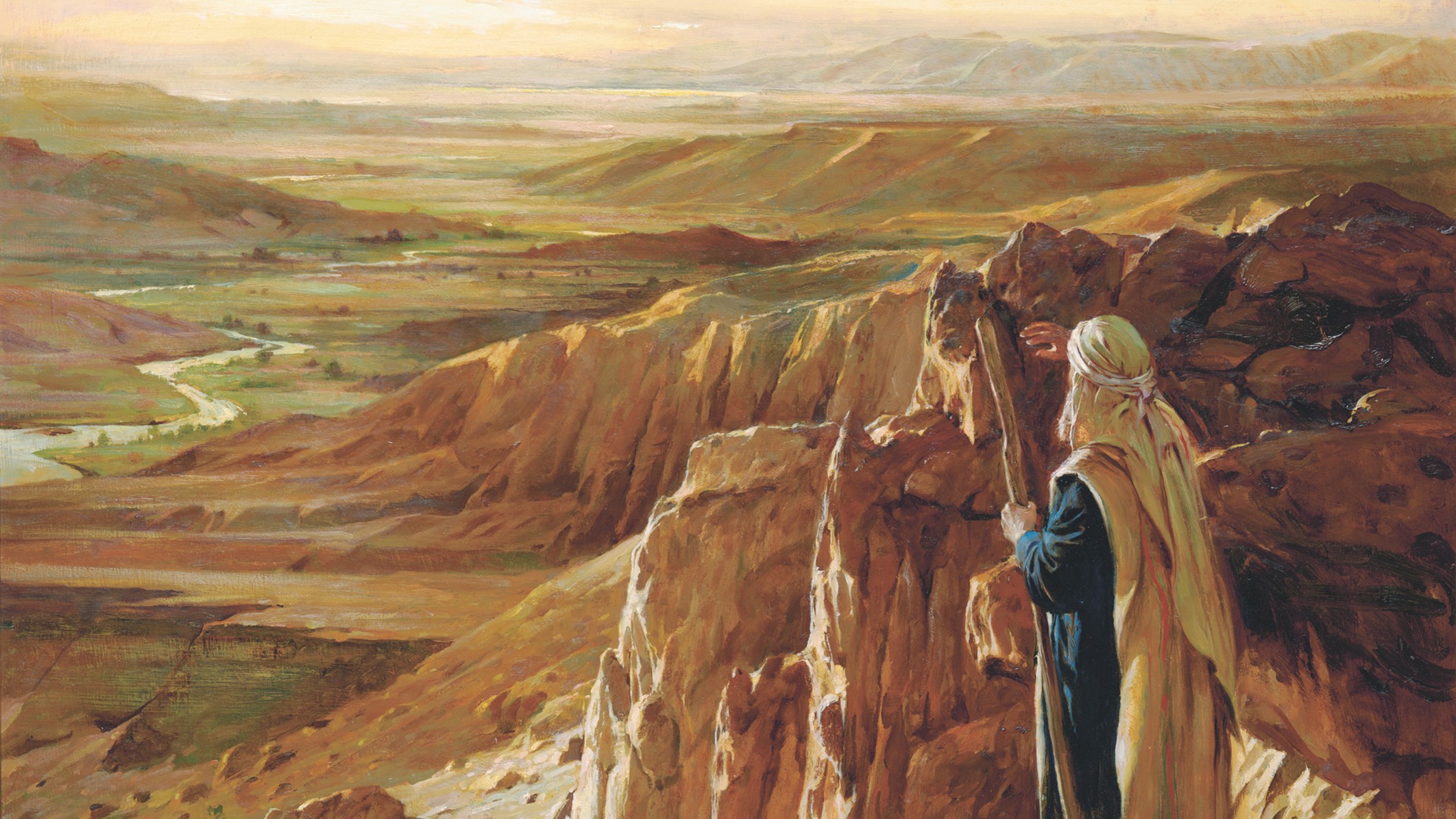 One oil painting depicting Moses late in his life with a white beard, holding a staff, and shielding his eyes, as he stands on a peet on Mr. Nebo looking at the promised land provided for the children of Israel.  Signed on the lowere right corner.  Signed and dated on the back along with the title.
