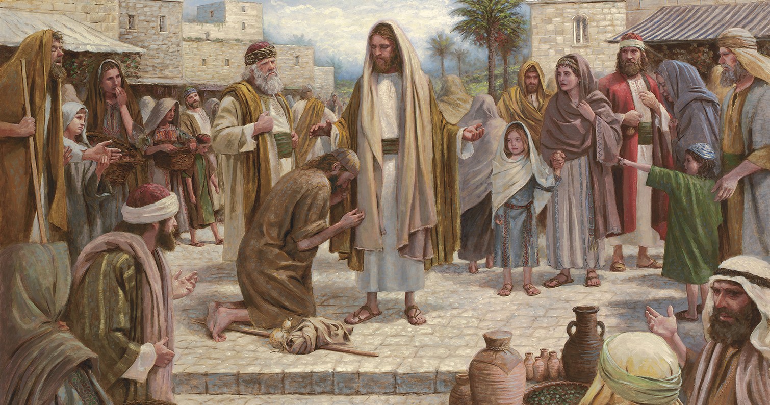 Jesus Christ healing a lame man as others watch.