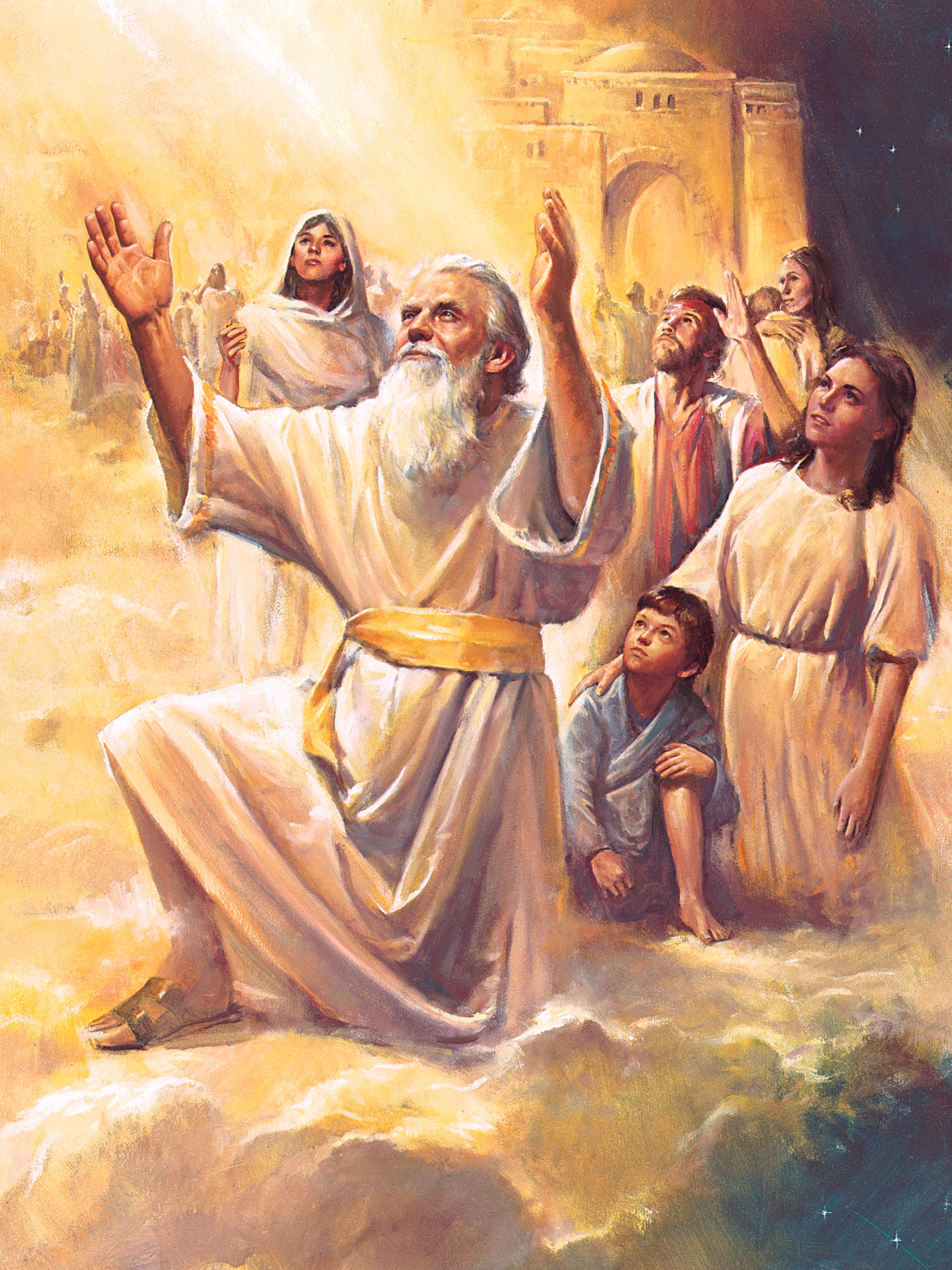 The Old Testament prophet Enoch and people from the City of Zion being translated.  The people are depicted kneeling on a cloud.  Enoch has his arms raised in the air.