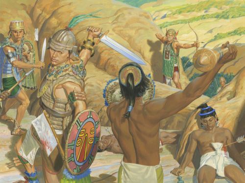 Zerahemnah was angery and stirred up the remainder of his soldiers to anger.  Moroni was angry, because of the stubbornness of the Lamanites; therefore he commanded his people that they should fall upon them and slay them. And it came to pass that they began to slay them. But because of their naked skins and their bare heads were exposed to the sharp swords of the Nephites and they began to be swept down, even as the soldier of Moroni had prophesied. Chapter 31-21 (Alma 44:16-18)