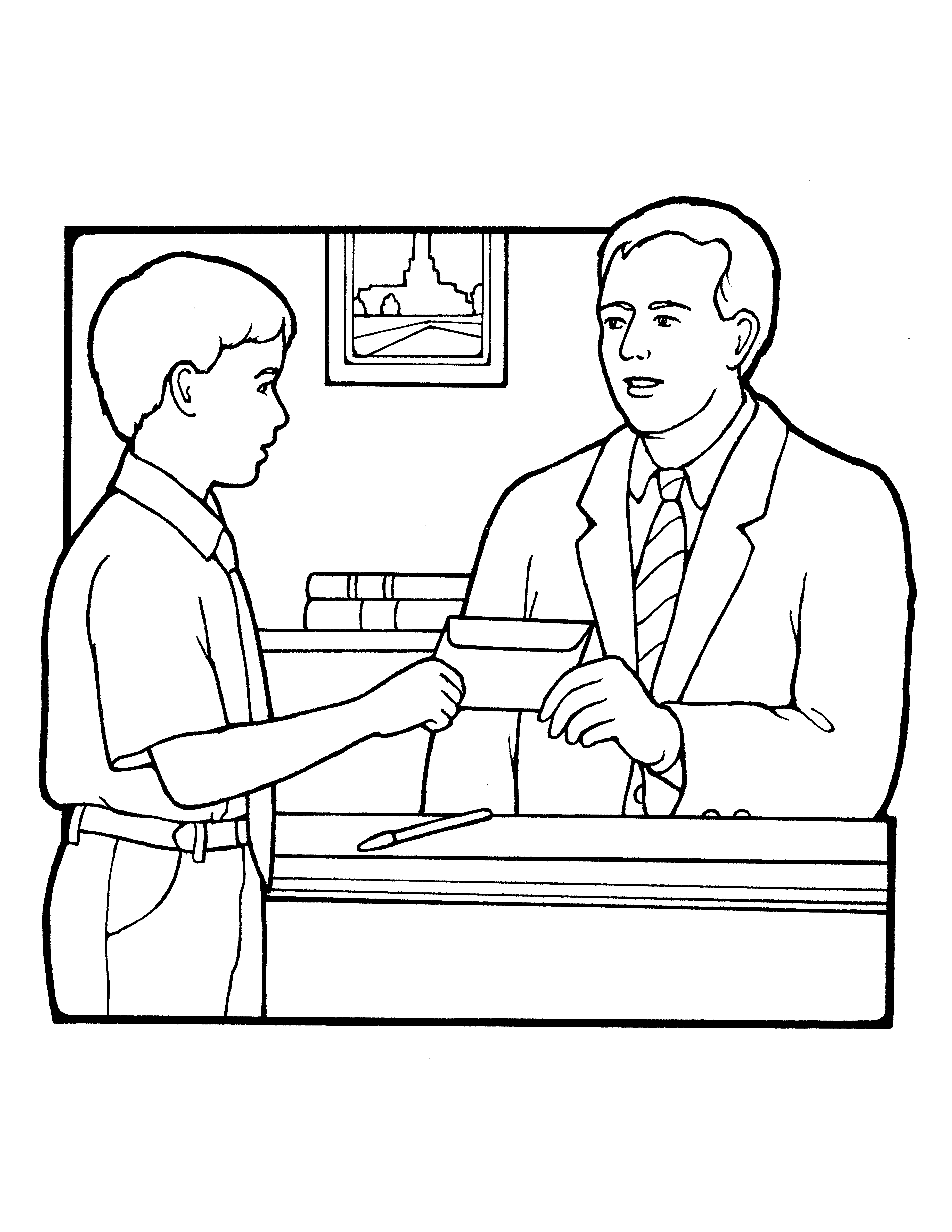 A black-and-white illustration of a young boy handing a tithing envelope to his bishop in the bishop's office.