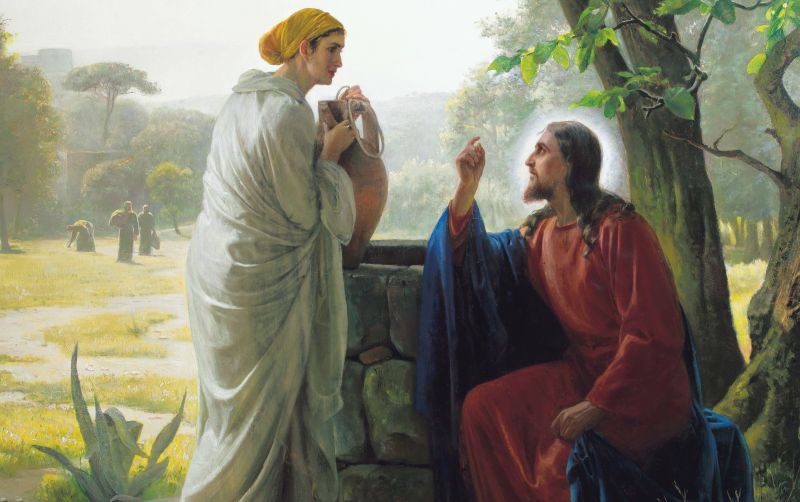 Jesús habla enseña a una mujer samaritana junto a un pozo