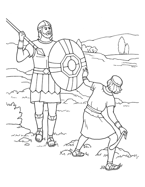 A black-and-white illustration of David with a sling and stone in his hand, swinging it toward Goliath, who is carrying a spear and shield.
