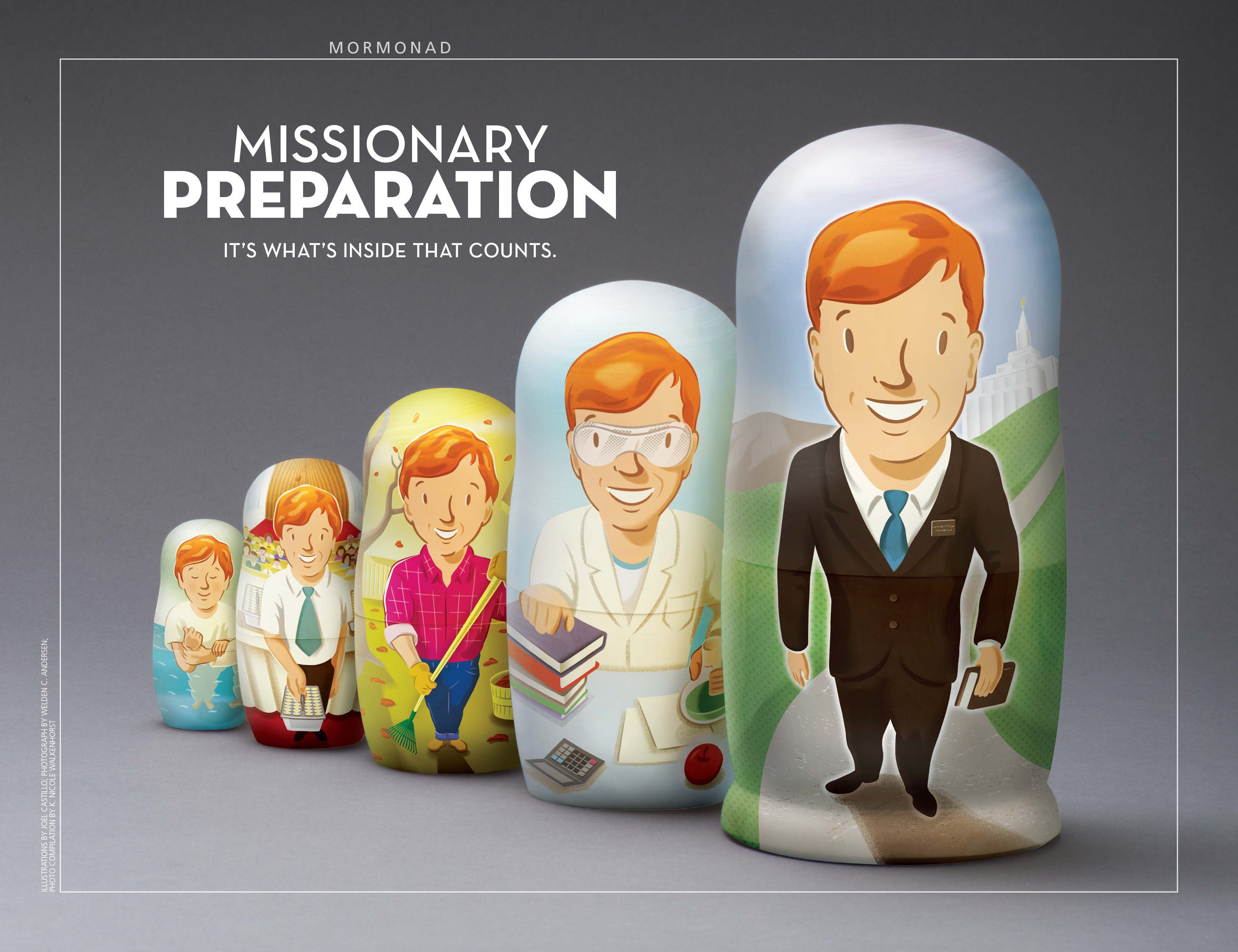 A poster of nesting dolls outlining steps to mission preparation, paired with the words “Missionary Preparation.”