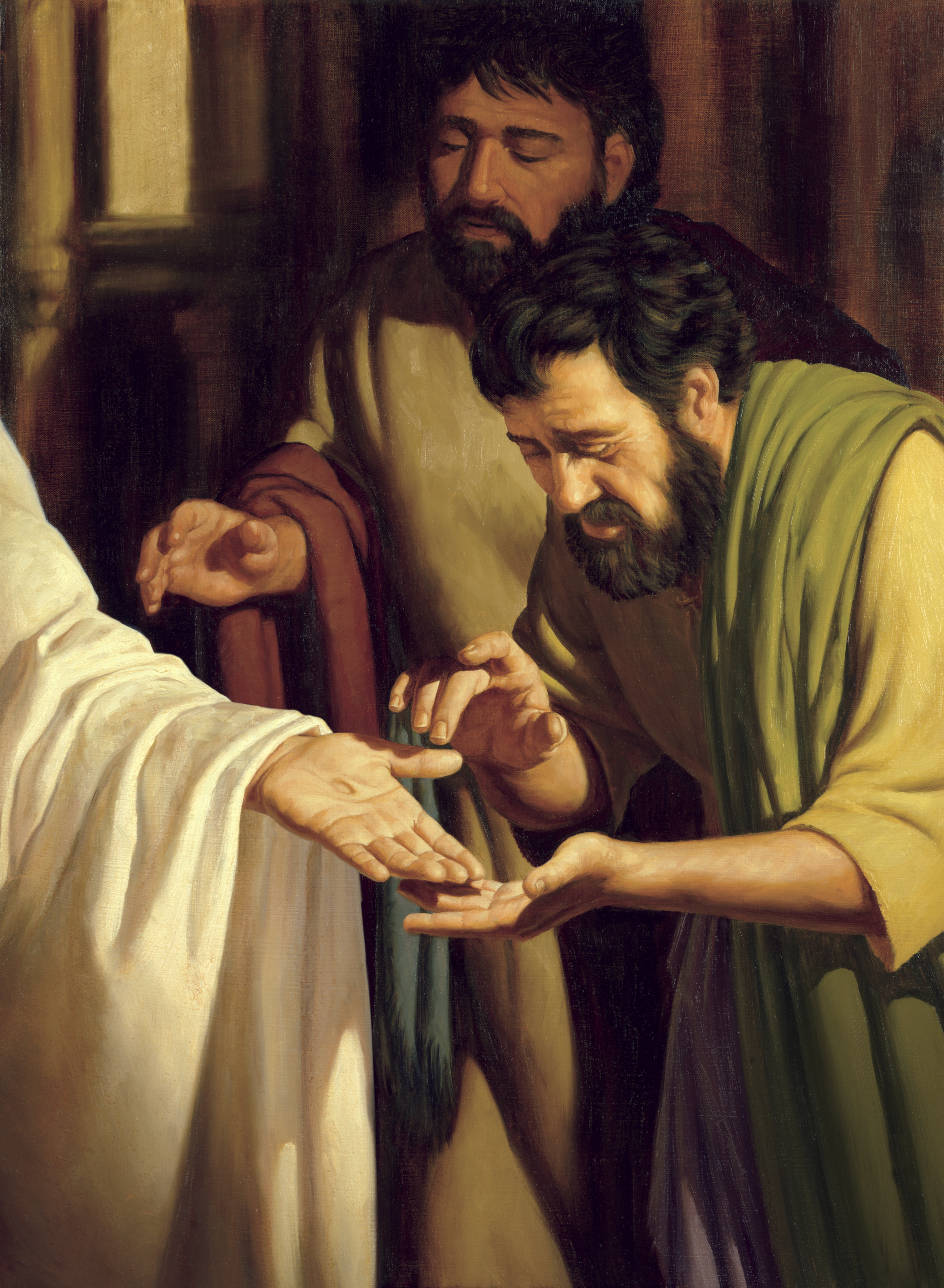 A painting by Jeff Ward depicting two of Christ’s Apostles looking at the wounds in His hands.