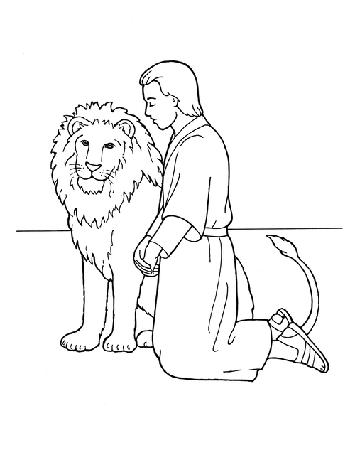 A black-and-white illustration of the young Daniel kneeling in prayer beside a lion.