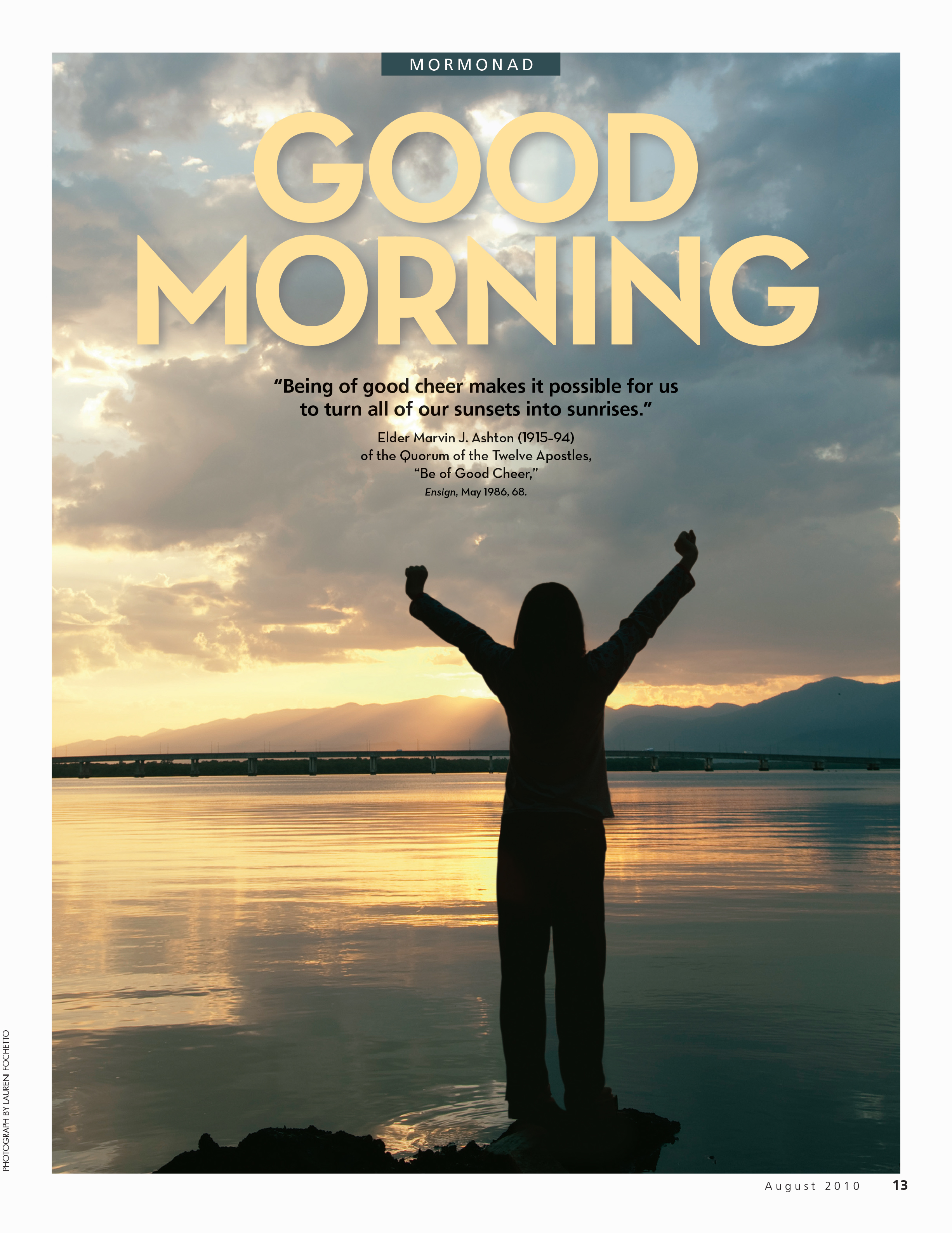 A conceptual photograph showing a silhouette of a woman stretching next to a lake at sunrise, with the words “Good Morning” overhead.