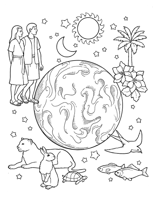 An illustration of the Creation, with the earth in the center surrounded by the sun, moon, stars, Adam and Eve, animals, fish, a palm tree, and flowers.