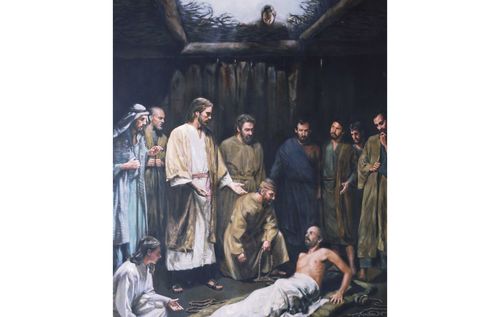 Jesus Christ looking at a man lying on the ground before Him. The man is wrapped in a blanket and is suffering from palsy. The sick man was lowered by friends through a hole in the roof in hopes of being healed. Christ is portrayed extended His hands toward the man. Several other apostles or disciples are with Christ.