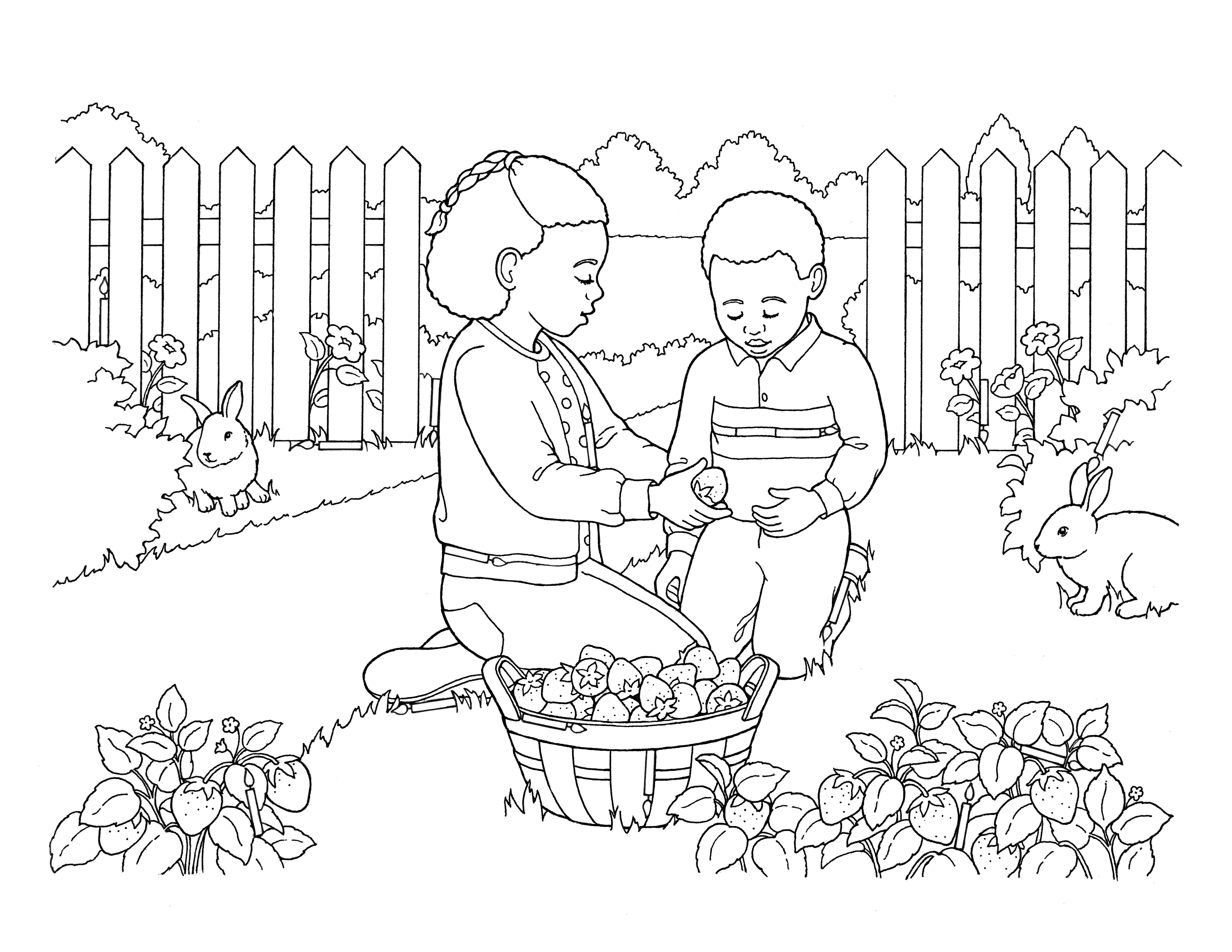 Two children sitting in a garden and picking strawberries.