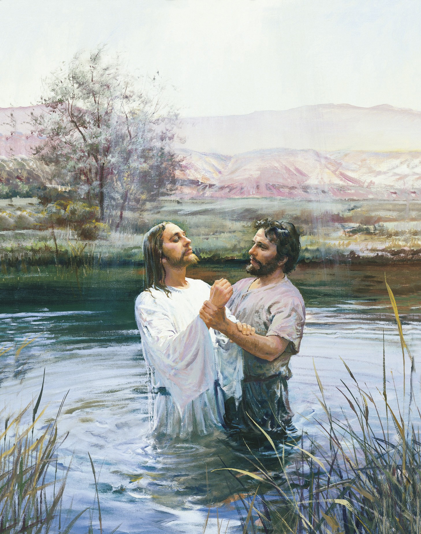 John the Baptist holding onto the wrist of Jesus Christ, whom he has just immersed in the waters of the River Jordan that surround them.