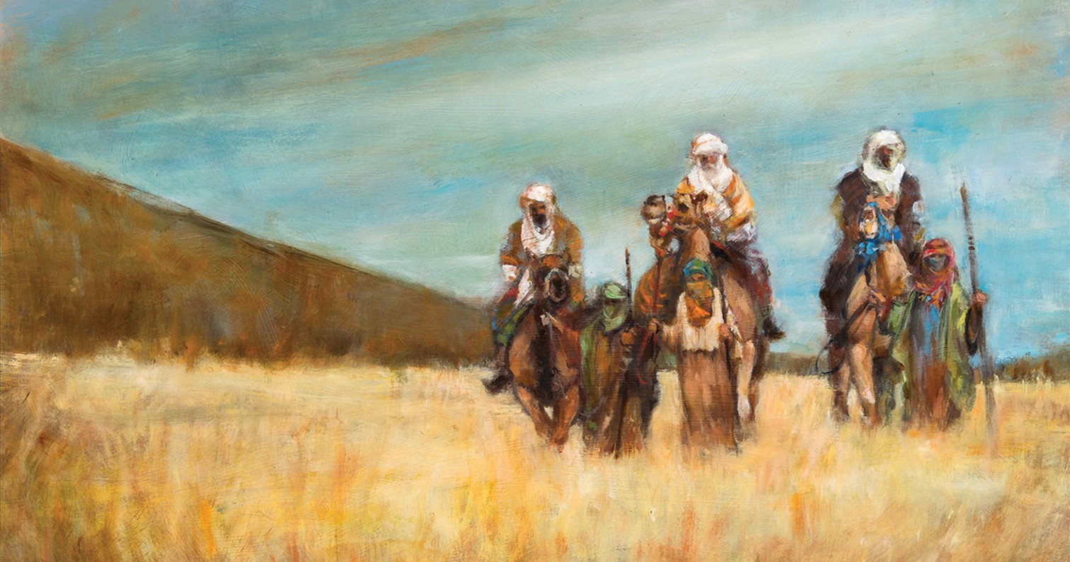 Wise men traveling on camels. 