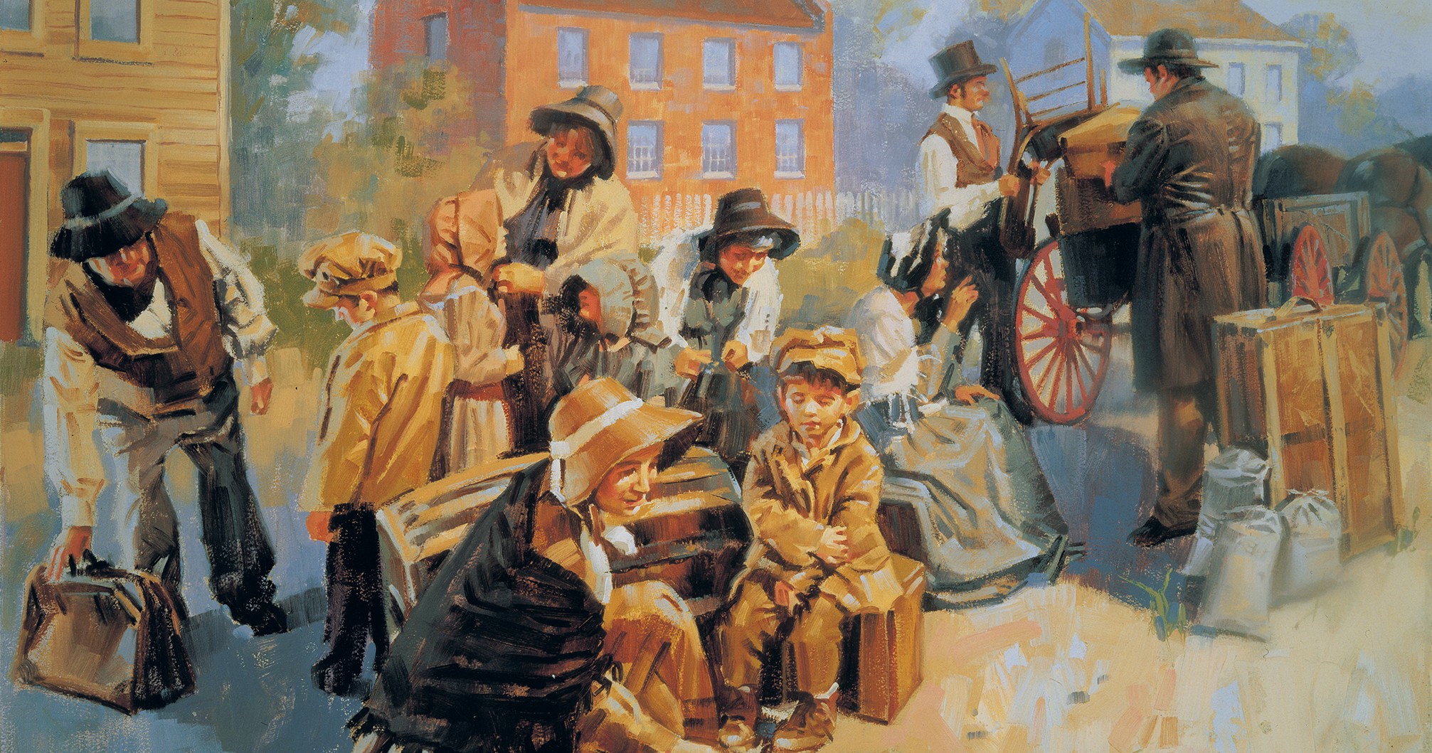 Painting depicts early members gathering possessions and loading wagons as they prepare to move to Kirtland.