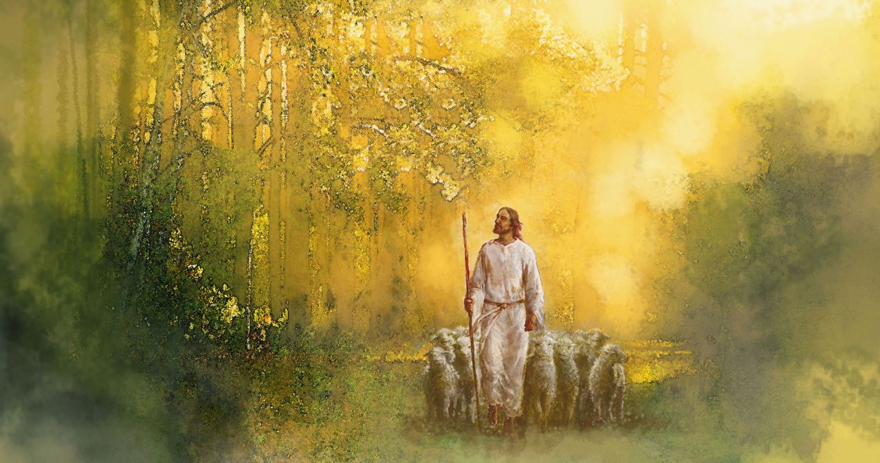 Jesus leads sheep through trees