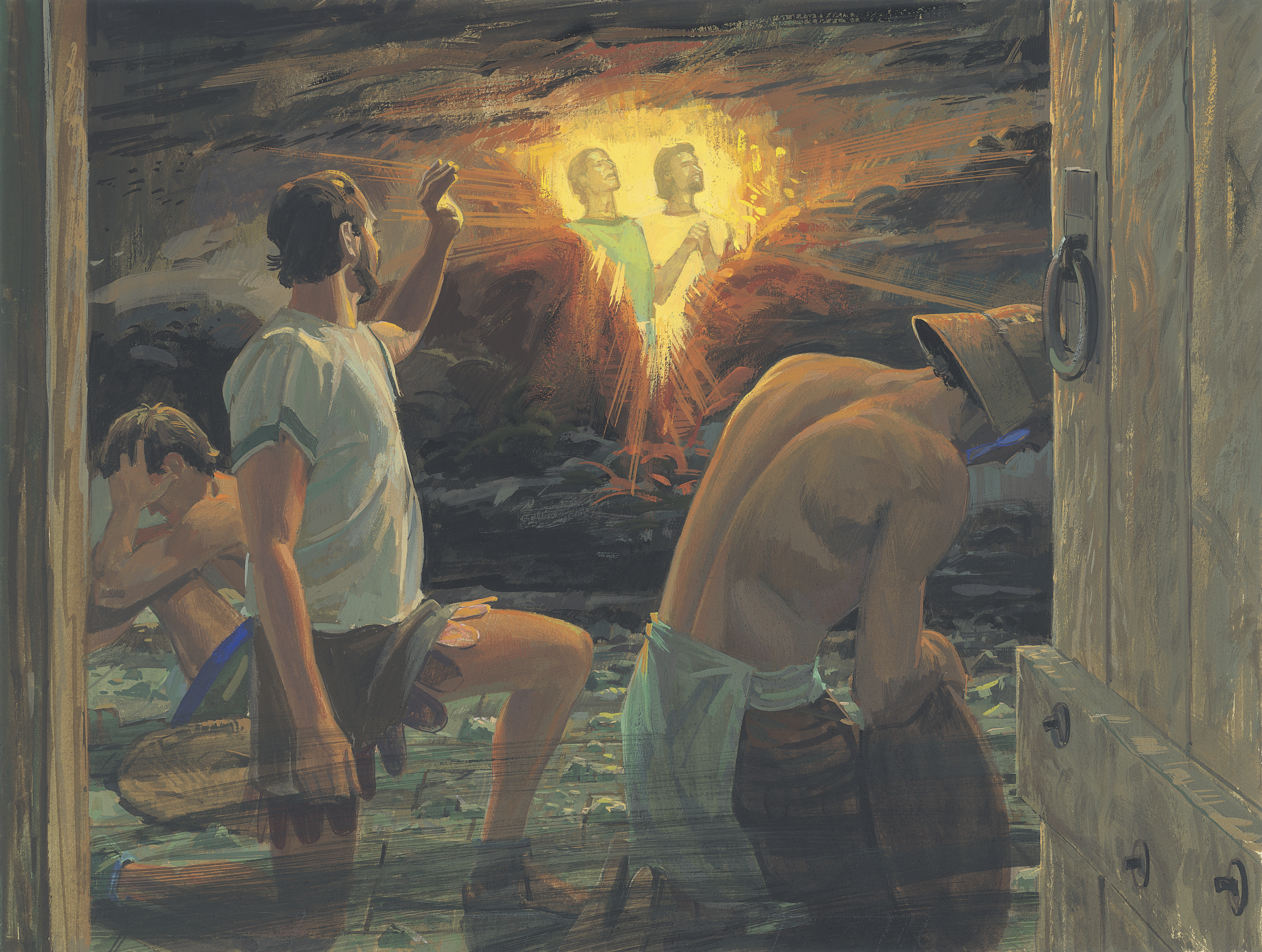 A painting by Jerry Thompson depicting Nephi and Lehi in prison.