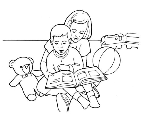 A black-and-white illustration of two young children sitting in a playroom, surrounded by toys and reading a storybook together.