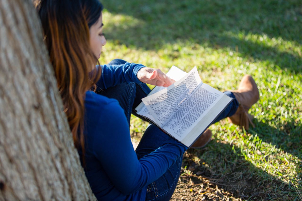 Uma mulher estuda a Bíblia sob a sombra de uma árvore