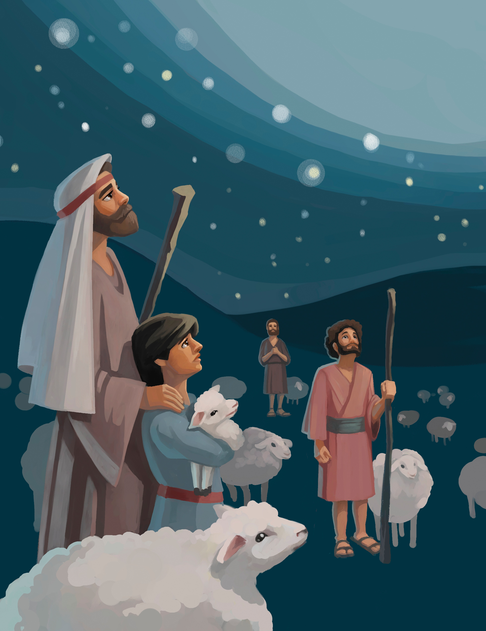 An illustration of a group of shepherds and their sheep looking up at the sky when a new star appears on the night of Christ’s birth.