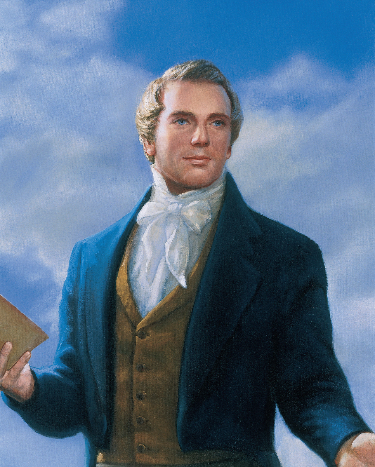 A painted portrait by David Lindsley of Joseph Smith standing and holding a Book of Mormon in one hand, with clouds in the sky.