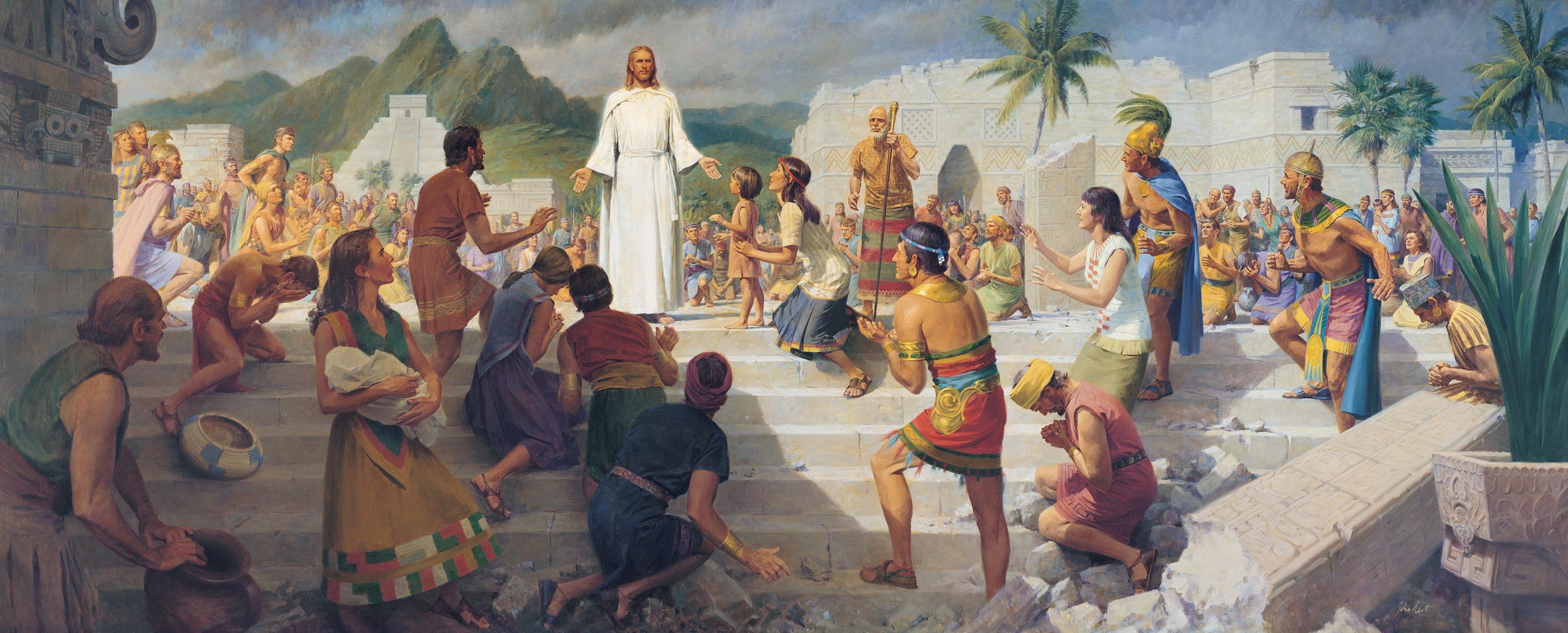 Jesus Teaching in the Western Hemisphere (Jesus Christ Visits the Americas), by John Scott (62380); GAK 316; GAB 82; Primary manual 1-44; Primary manual 3-17; Primary manual 4-45; 3 Nephi 11:8–41; 12:12–26