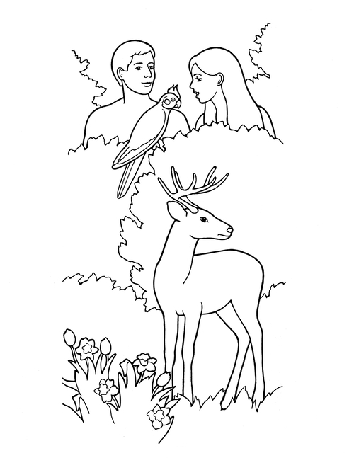 A black-and-white illustration of the Garden of Eden, with a deer and flowers in the forefront and Adam, Eve, and a parrot in the background.