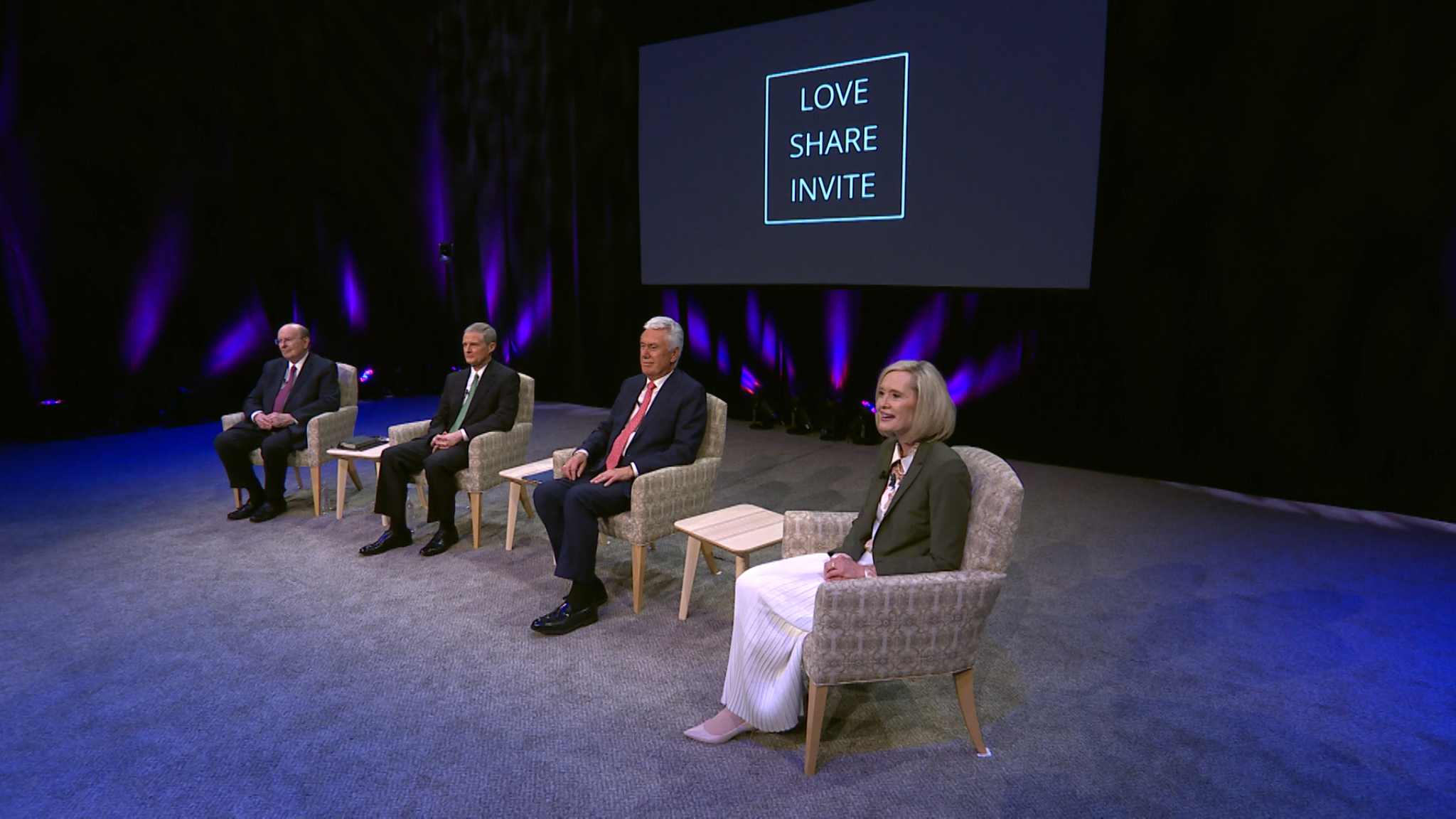From left, Elder Quentin L. Cook, Elder David A. Bednar and Elder Dieter F. Uchtdorf of the Quorum of the Twelve Apostles, and Sister Bonnie H. Cordon, Young Women general president, join with other Church leaders and youth in a worldwide broadcast on Saturday, June 26, 2021.