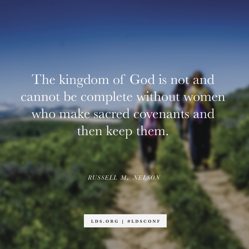 A photograph of women walking down a dirt path, paired with a quote from President Russell M. Nelson: “Women who make sacred covenants.”
