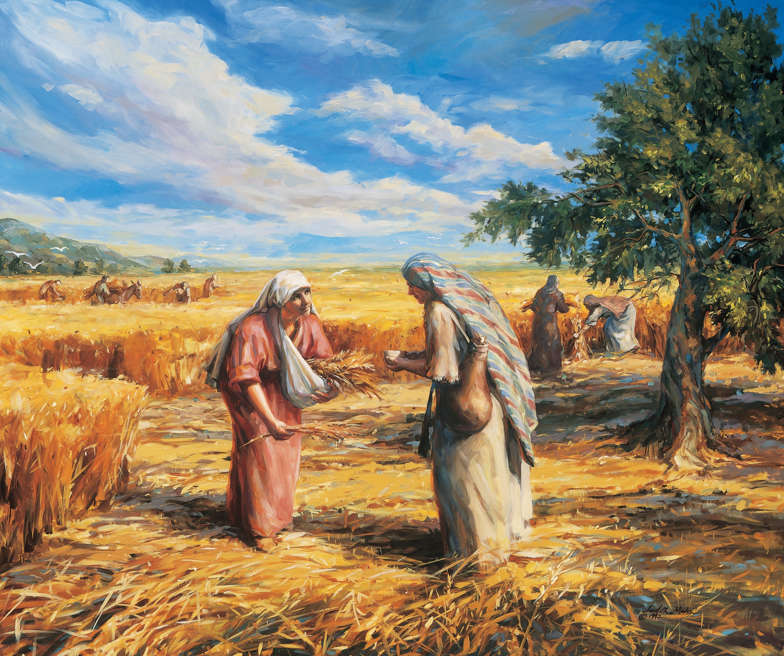 A painting by Judith Mehr showing Ruth and Naomi standing in a field, picking bits of wheat off the ground and storing them in pouches.