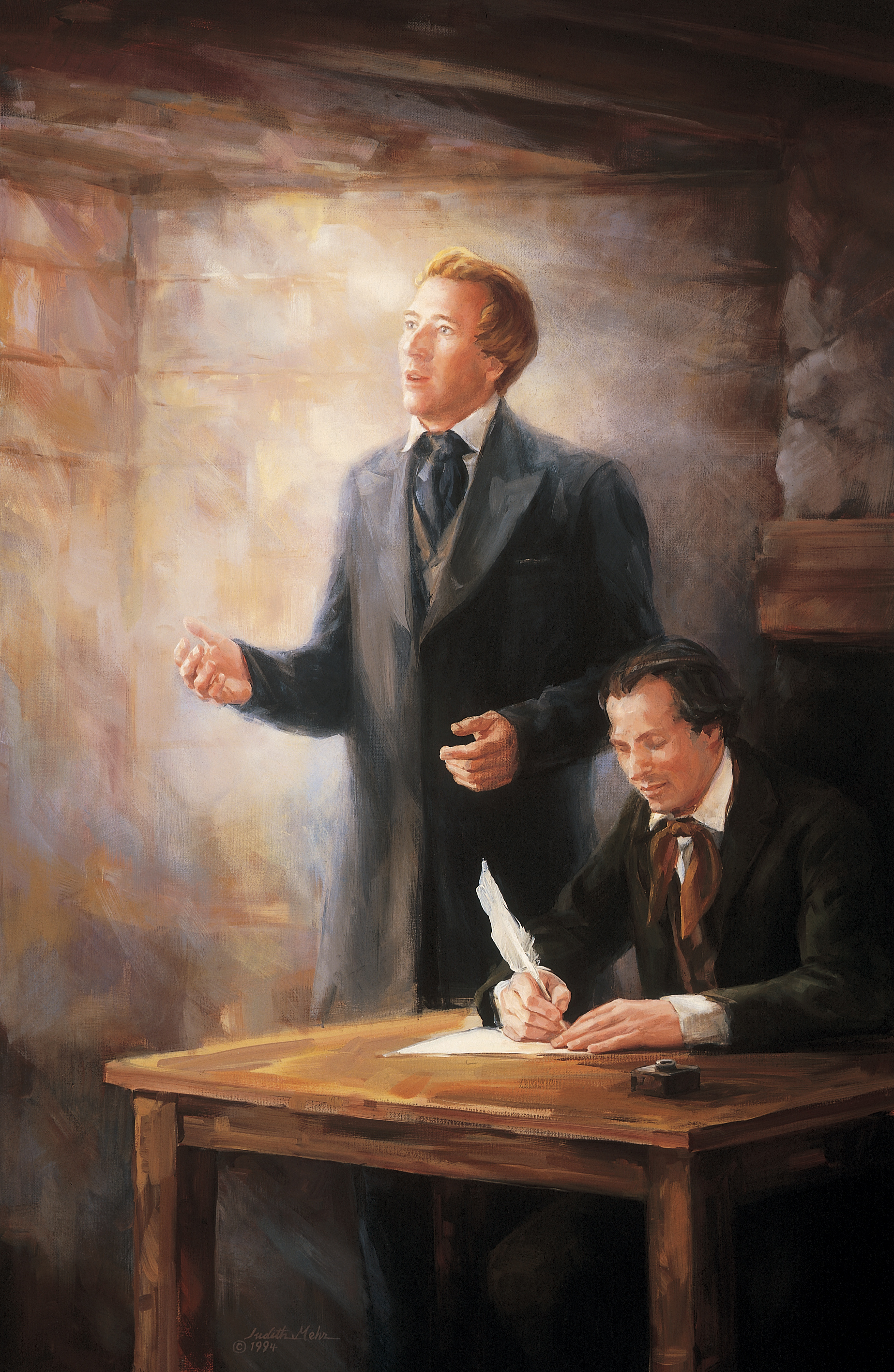 A painting by Judith A. Mehr of Joseph Smith standing and looking into the air as if talking to someone while Oliver Cowdery sits at a desk and is writing with a quill pen.