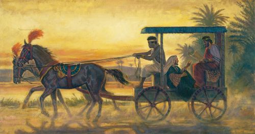 Philip (New Testament figure) teaching the gospel to an Ethiopian as they ride in a chariot. Another man is pictured driving the horses and chariot. A lake or river can be seen beside of the road they are riding on. Scriptural Reference: Acts 8:26-39